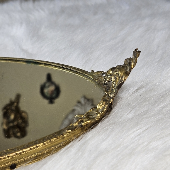 Vintage Oval Vanity Mirror Gold Filigree Bridgerton Regency Rose Accents 16 in - Picture 7 of 11